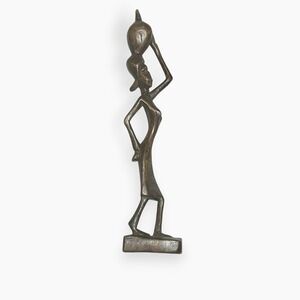 African Folk Art Wood Figure Tall Thin Woman Carrying Water Jug Vintage